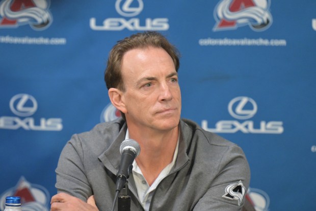 Colorado Avalanche President of Hockey Operations Joe Sakic speaks with media at the Family Sports Center banquet room in Centennial on May 6, 2025. (Photo by RJ Sangosti/The Denver Post)