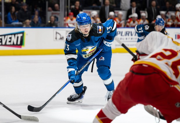 Colorado Eagles forward T.J. Hughes playing against the Coachella Valley Firebirds at Blue Arena May 17, 2026. T.J. Hughes, signed by the Avalanche as a college free agent in April, leads all AHL rookies through the conference finals with 14 points. (Photo courtesy of Kaitlyn Criss/Colorado Eagles)