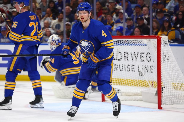 Buffalo Sabres defenseman Bowen Byram skates during the second period in Game 5 of a first-round Stanley Cup playoff series against the Boston Bruins on Tuesday, April 28, 2026, in Buffalo, N.Y. (AP Photo/Jeffrey T. Barnes)