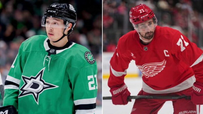 Split photograph of Dallas Stars forward Jason Robertson in a green jersey and Detroit Red Wings captain Dylan Larkin in a red jersey, symbolizing a potential NHL trade.