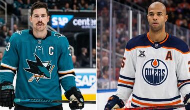 A split photograph comparing San Jose Sharks captain Logan Couture (left) in his teal jersey and Edmonton Oilers alternate captain Darnell Nurse (right) in his white away jersey.