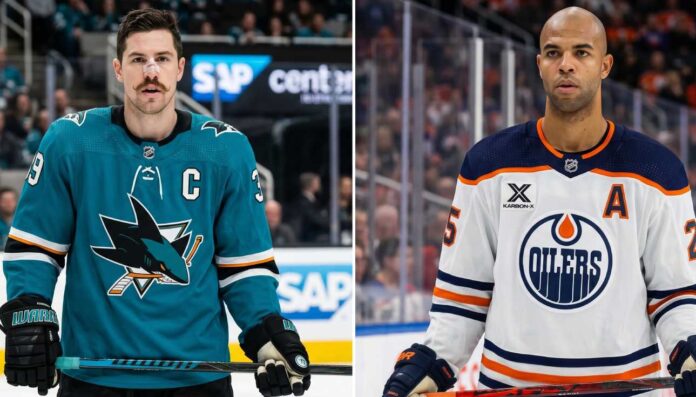 A split photograph comparing San Jose Sharks captain Logan Couture (left) in his teal jersey and Edmonton Oilers alternate captain Darnell Nurse (right) in his white away jersey.