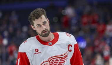 Detroit Red Wings center Dylan Larkin (71) warms up at Benchmark International Arena