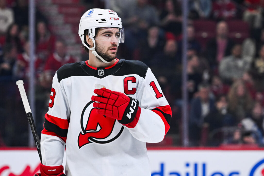 New Jersey Devils center Nico Hischier (13) looks on against the Montreal Canadiens at Bell Centre. 