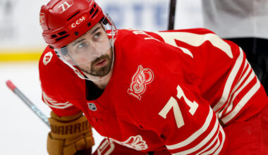 Detroit Red Wings center Dylan Larkin (71) gets set to face off at Little Caesars Arena