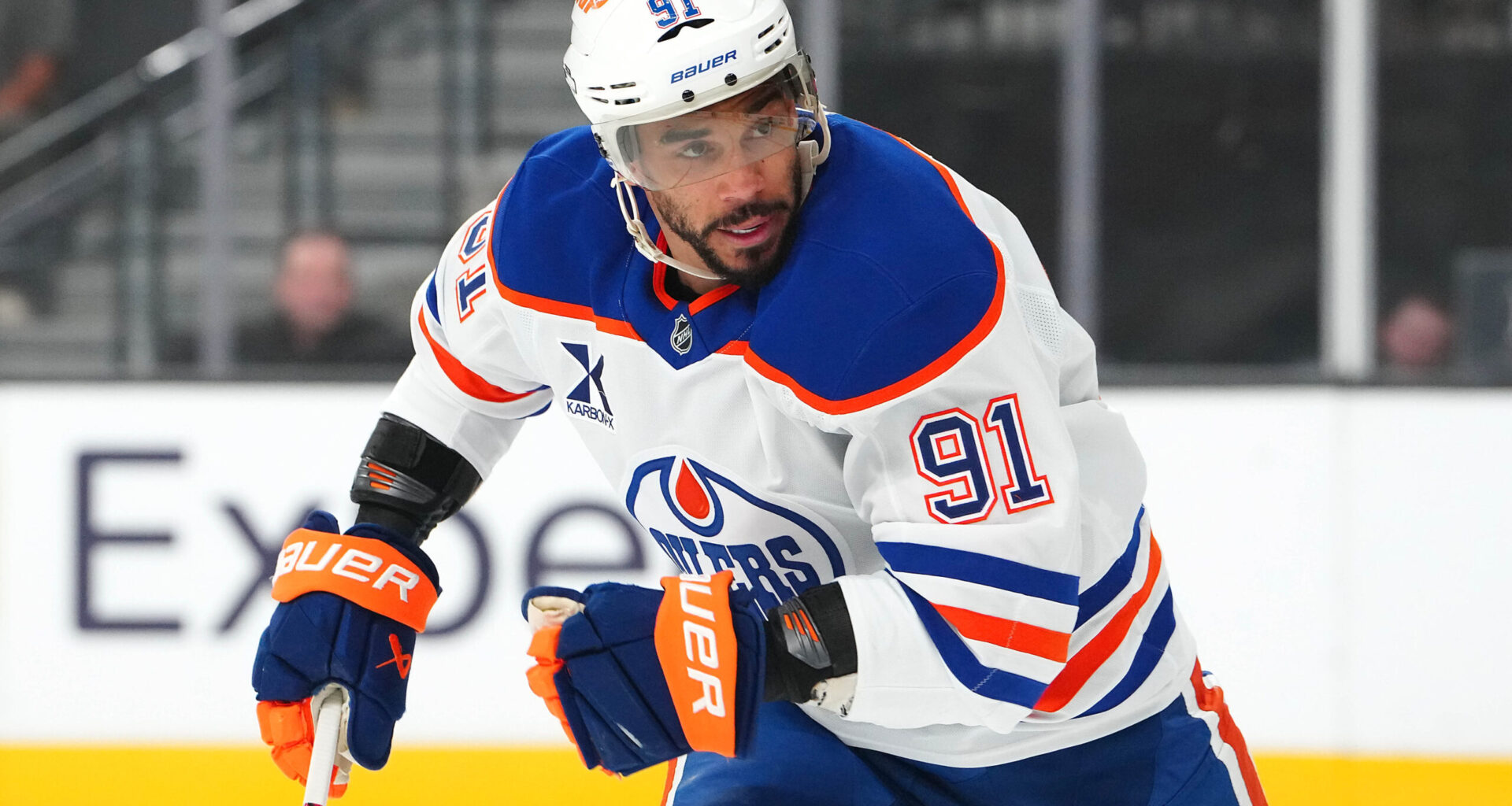 Former Edmonton Oilers left wing Evander Kane (91) skates during the 2025 Stanley Cup Playoffs at T-Mobile Arena