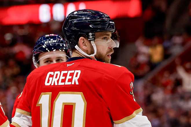 NHL: APR 15 Red Wings at Panthers SUNRISE, FL - APRIL 15 : Florida Panthers left wing A.J. Greer (10) looks on during a NHL game between the Detroit Red Wings and the Florida Panthers on April 15, 2026 at Amerant Bank Arena in Sunrise, FL.(Photo by Chris Arjoon/Icon Sportswire via Getty Images)