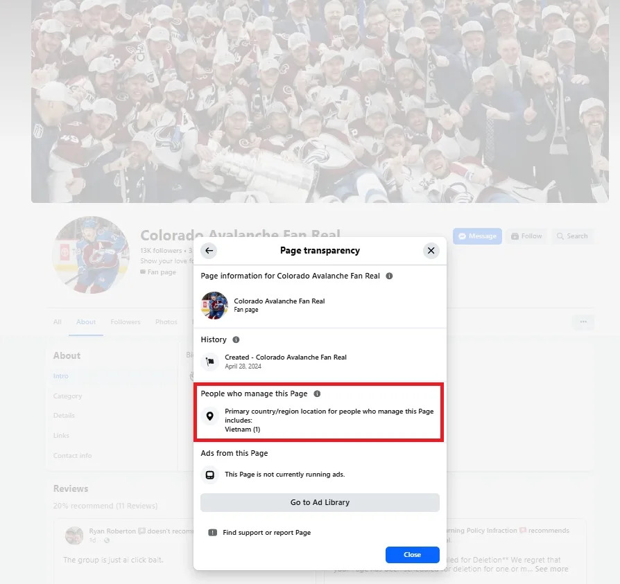 <span>Screenshot of page transparency information captured from Facebook on June 3, 2026</span>