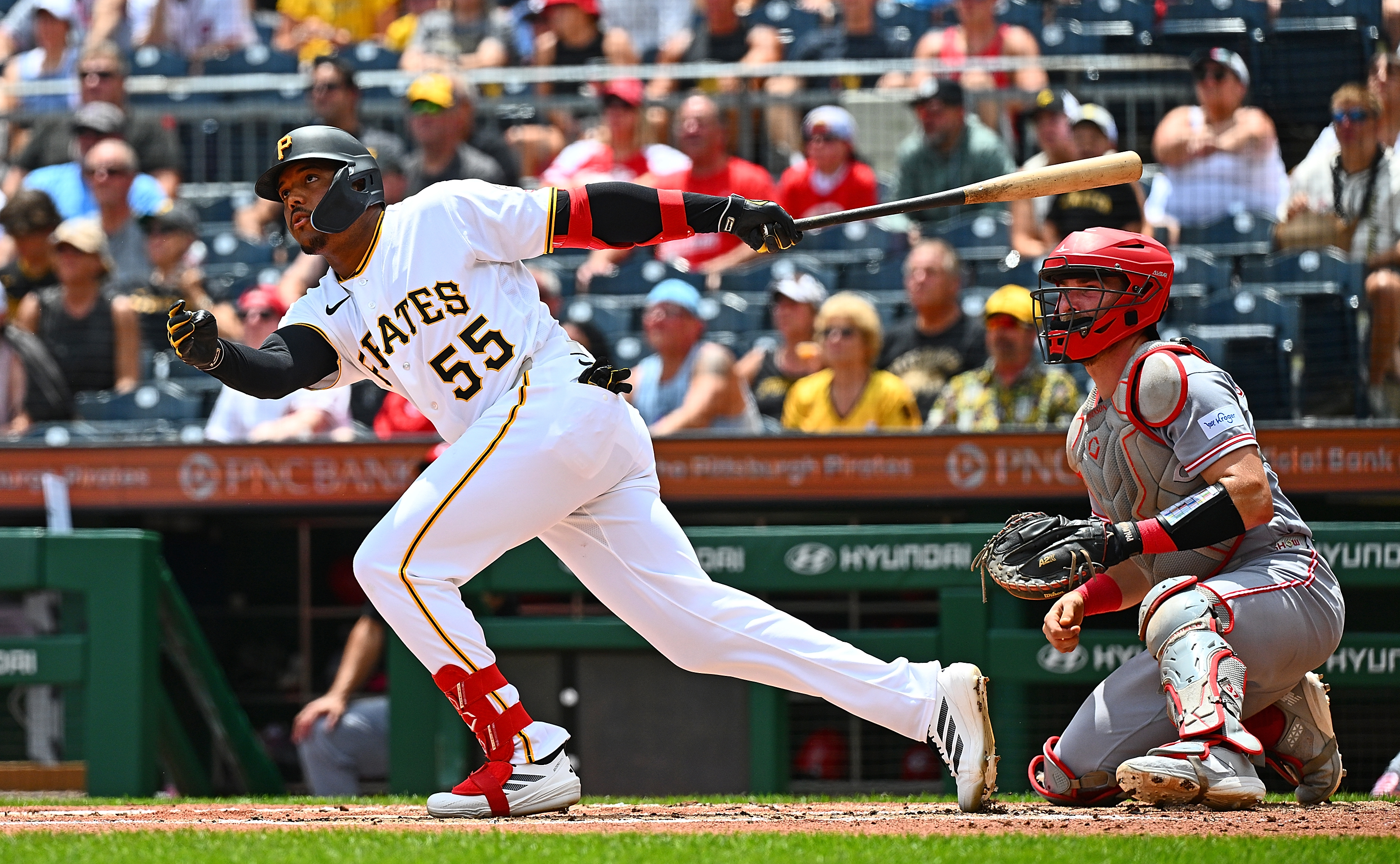 Esmerlyn Valdez one-hands a book-rule double to left field Sunday at PNC Park.