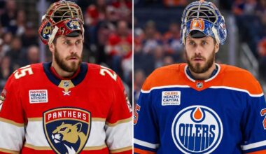 A conceptual split-image photo visualization of New Jersey Devils goaltender Jacob Markstrom wearing a Florida Panthers jersey and mask on the left, and an Edmonton Oilers jersey and mask on the right, representing potential NHL trade rumors.
