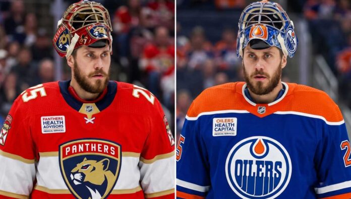 A conceptual split-image photo visualization of New Jersey Devils goaltender Jacob Markstrom wearing a Florida Panthers jersey and mask on the left, and an Edmonton Oilers jersey and mask on the right, representing potential NHL trade rumors.