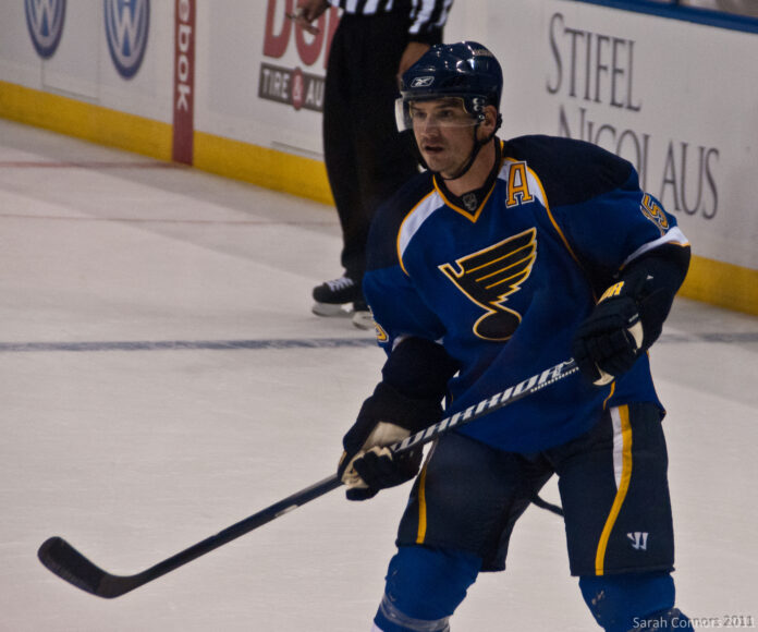 Jamie Langenbrunner skating for the St. Louis Blues, hired by the Nashville Predators as Special Assistant to the General Manager