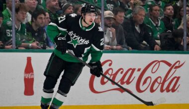 Jason Robertson of the Dallas Stars skating near the boards as NHL trade rumors, contract talks and July 1 offer sheet speculation continue.