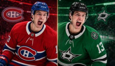 Mathew Barzal split image in Montreal Canadiens and Dallas Stars jerseys as New York Islanders trade rumors link both NHL teams to the star forward