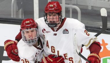 Boston University's Boston College's Dean Letourneau #29 celebrates his goal with teammate Ryan Conmy #36 during third period action during the Beanpot final at TD Garden on February 9, 2026.