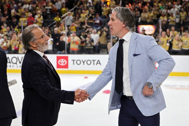 Head coaches John Tortorella of the Vegas Golden Knights and Jared Bednar and Colorado Avalanche shake hands after Game Four of the Western Conference Final of the 2026 Stanley Cup Playoffs at T-Mobile Arena on May 26, 2026 in Las Vegas, Nevada. (Photo by Ethan Miller/Getty Images)