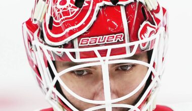 Oct 2, 2025; Toronto, Ontario, CAN; Detroit Red Wings goaltender Michal Postava (35) skates during the warmup against the Toronto Maple Leafs at Scotiabank Arena. Mandatory Credit: Nick Turchiaro-Imagn Images