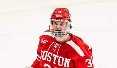 Feb 25, 2025; Storrs, CT, USA; Boston University forward Cole Eiserman (34) reacts after scoring against UConn in a shoot-out after the third period at Toscano Family Ice Forum. Mandatory Credit: David Butler II-Imagn Images