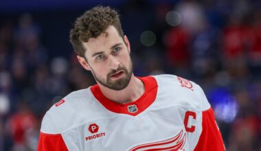 Apr 13, 2026; Tampa, Florida, USA; Detroit Red Wings center Dylan Larkin (71) warms up before a game against the Tampa Bay Lightning at Benchmark International Arena. Mandatory Credit: Nathan Ray Seebeck-Imagn Images