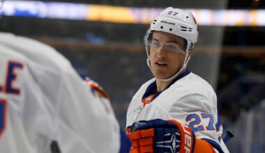 Sep 29, 2017; Buffalo, NY, USA; New York Islanders center Anders Lee (27) celebrates his goal during the first period against the Buffalo Sabres at KeyBank Center. Mandatory Credit: Timothy T. Ludwig-USA TODAY Sports