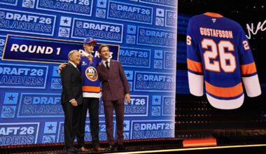 Jun 26, 2026; Buffalo, New York, USA; Malte Gustafsson reacts beside NHL commissioner Gary Bettman and New York Islanders player Matthew Schaefer after being selected with the thirteenth pick in the first round of the 2026 NHL Draft by the Islanders at KeyBank Center. Mandatory Credit: Timothy T. Ludwig-Imagn Images
