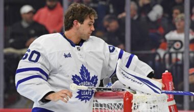Jan 7, 2025; Philadelphia, Pennsylvania, USA; Toronto Maple Leafs goaltender Joseph Woll (60) against the Philadelphia Flyers at Wells Fargo Center. Mandatory Credit: Eric Hartline-Imagn Images