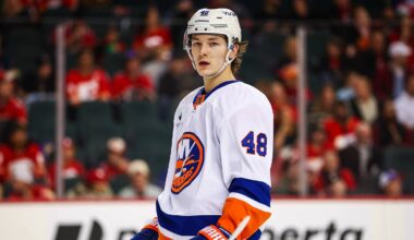 Jan 17, 2026; Calgary, Alberta, CAN; New York Islanders defenseman Matthew Schaefer (48) against the Calgary Flames during the second period at Scotiabank Saddledome. Mandatory Credit: Sergei Belski-Imagn Images