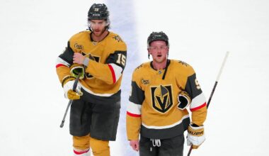 May 8, 2025; Las Vegas, Nevada, USA; Vegas Golden Knights defenseman Noah Hanifin (15) and center Jack Eichel (9) leave the ice after the Edmonton Oilers defeated the Golden Knights 5-4 in overtime of game two of the second round of the 2025 Stanley Cup Playoffs at T-Mobile Arena. Mandatory Credit: Stephen R. Sylvanie-Imagn Images