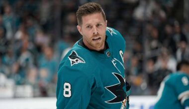 Apr 12, 2019; San Jose, CA, USA; San Jose Sharks center Joe Pavelski (8) warms up before the game against the Vegas Golden Knights in game two of the first round of the 2019 Stanley Cup Playoffs at SAP Center at San Jose. Mandatory Credit: Stan Szeto-USA TODAY Sports