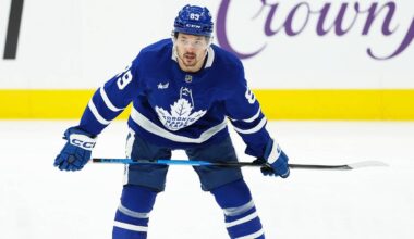 Toronto Maple Leafs left wing Nicholas Robertson (89) skates during the warmup before a game against the New Jersey Devils at Scotiabank Arena. Mandatory Credit: Nick Turchiaro-Imagn Images