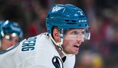 Mar 14, 2026; Montreal, Quebec, CAN; San Jose Sharks defenseman John Klingberg (3) looks on against the Montreal Canadiens during the second period at Bell Centre. Mandatory Credit: David Kirouac-Imagn Images