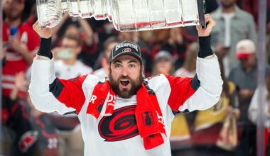 Hurricanes player William Carrier fills the Stanley Cup full of a Quebecois delicacy