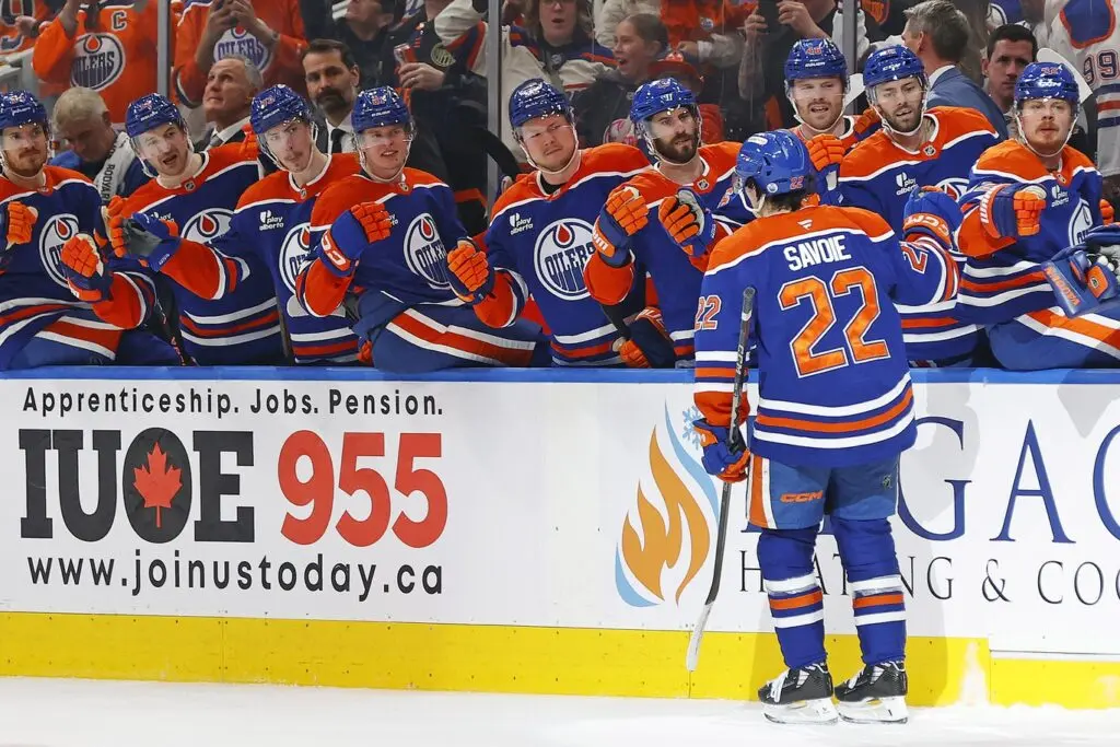 Edmonton Oilers Matt Savoie celebrates goal
