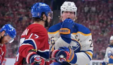 Montreal Canadiens forward Josh Anderson (17) lloks at Buffalo Sabres defenseman Rasmus Dahlin (26)after Dahlin complains of getting a high stick and a cut during the second period in game four of the second round of the 2026 Stanley Cup Playoffs at Bell Centre.