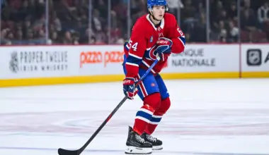Montreal Canadiens defenseman David Reinbacher (64) skates against the Toronto Maple Leafs during the third period at Bell Centre.