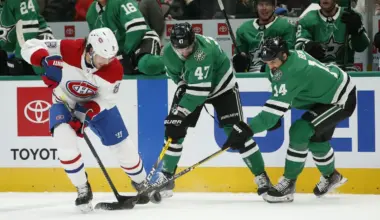 Dallas, Texas, USA: Montreal Canadiens defenseman Ben Chiarot (8) battles for the puck against Dallas Stars right winger Alexander Radulov (47) and left winger Jamie Benn (14) during the first period at American Airlines Center.