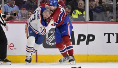 Montreal Canadiens defenseman Arber Xhekaj (72) fights with Edmonton Oilers defenseman Vincent Desharnais (73) during the second period at the Bell Centre.