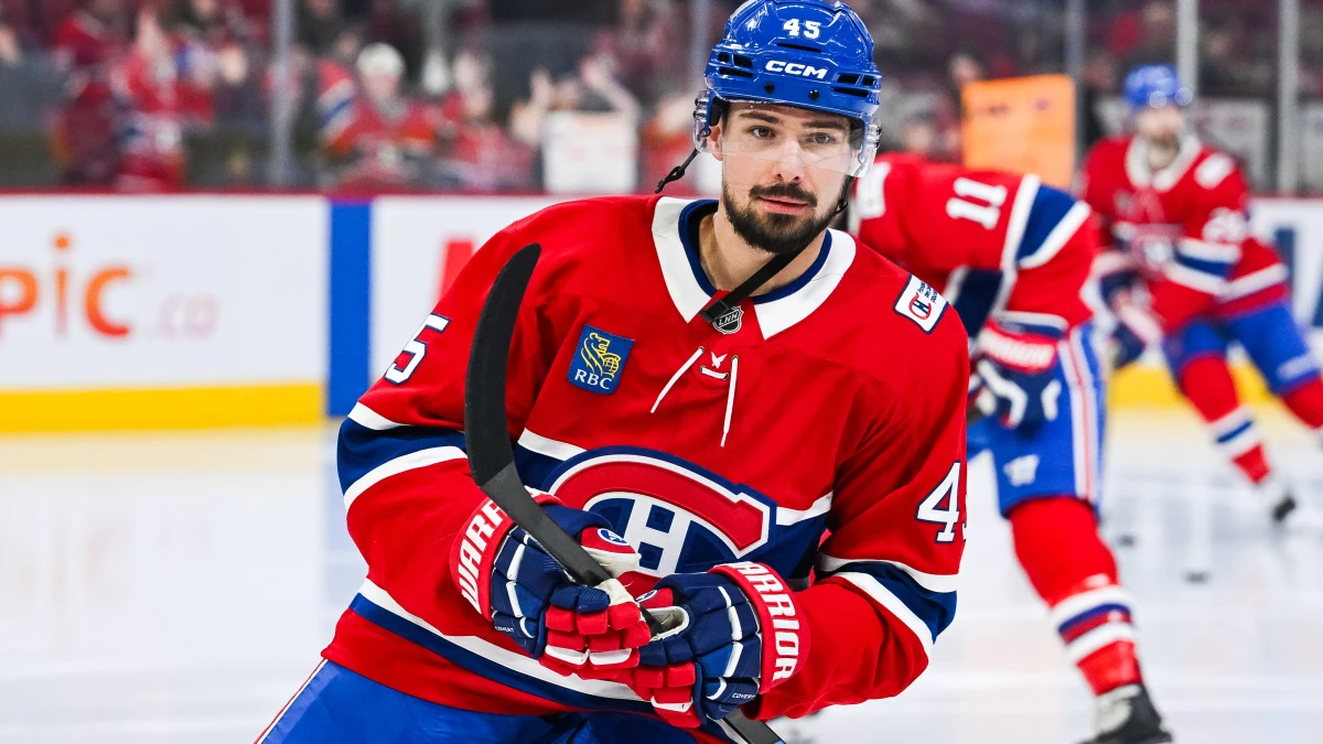 Montreal Canadiens defenseman Alexandre Carrier (45) looks on during warm-up before the game against the Boston Bruins at Bell Centre.