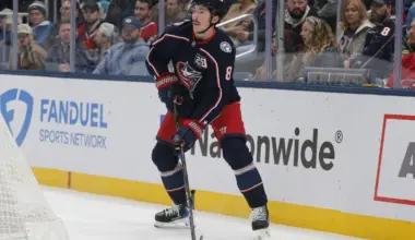 Columbus Blue Jackets defenseman Zach Werenski (8) looks to pass against the Montreal Canadiens during the first period at Nationwide Arena.