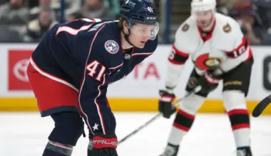 Columbus Blue Jackets center Hunter McKown (41) lines up for face-off during the first period against the Ottawa Senators at Nationwide Arena.