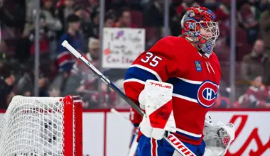 Montreal Canadiens goalie Samuel Montembeault (35) looks on during warm-up before the game against the New York Islanders at Bell Centre.
