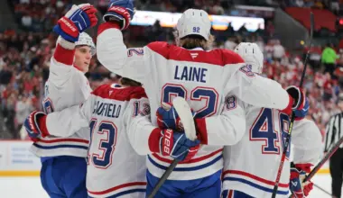 Montreal Canadiens right wing Patrik Laine (92) celebrates with teammates after scoring against the Florida Panthers during the first period at Amerant Bank Arena.