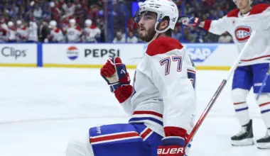 Montreal Canadiens center Kirby Dach (77) reacts after scoring a goal against the Tampa Bay Lightning in the second period during game five of the first round of the 2026 Stanley Cup Playoffs at Benchmark International Arena.