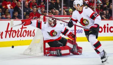 Ottawa Senators goaltender Kevin Mandolese (70) controls the puck against the Calgary Flames during the second period at Scotiabank Saddledome.