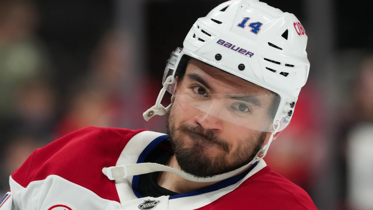 Montreal Canadiens center Nick Suzuki (14) looks on before the game against the Carolina Hurricanes in game two of the Eastern Conference Final of the 2026 Stanley Cup Playoffs at Lenovo Center.