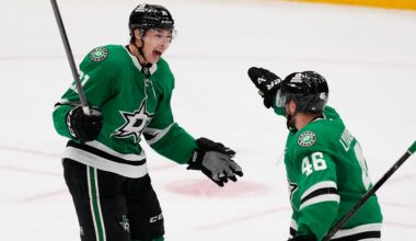 Dallas Stars left wing Jason Robertson (21) and Ilya Lyubushkin (46) celebrate after Robertson scored in the third period of an NHL hockey game against the Minnesota Wild Thursday, April 9, 2026, in Arlington, Texas. (AP Photo/Tony Gutierrez)