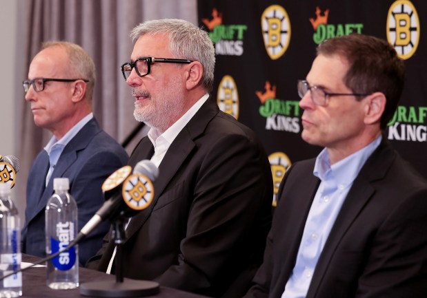 Boston Bruins CEO and Alternate Governor Charlie Jacobs, president Cam Neely and general manager Don Sweeney, left to right, speak during this year's end-of-season press conference at TD Garden. (Mark Stockwell/Boston Herald) (Mark Stockwell/Boston Herald)