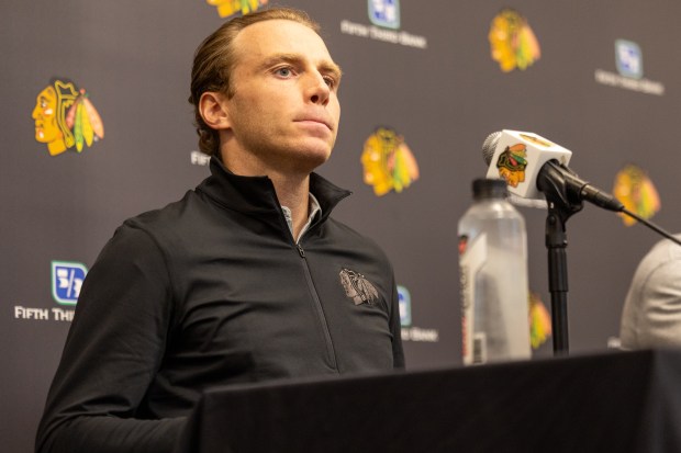 Chicago Blackhawks legend Patrick Kane speaks to assembled media at the Chicago Blackhawks Ice Center on July 24, 2026. (Arthur Maiorella/Chicago Tribune)