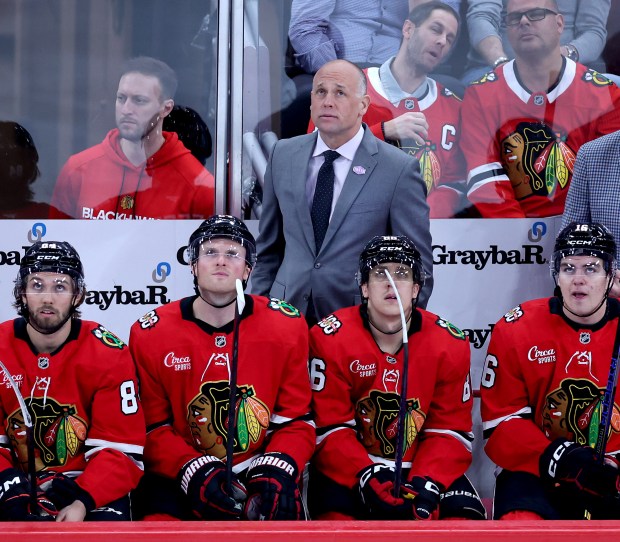 Chicago Blackhawks head coach Jeff Blashill looks on from behind the bench in the second period of a game against the San Jose Sharks at the United Center in Chicago on April 15, 2026. (Chris Sweda/Chicago Tribune)