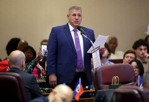 Republican nominee for governor Darren Bailey speaks during the public comment portion of a Chicago City Council meeting on May 20, 2026. (Chris Sweda/Chicago Tribune)